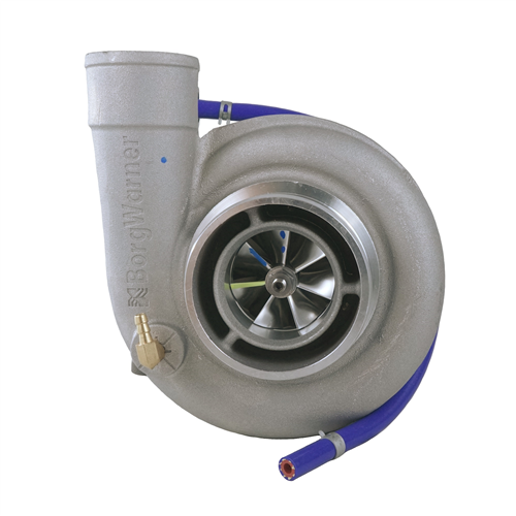 The 179077 BorgWarner Turbocharger features a silver finish, a visible compressor wheel, and an attached blue hose, all set against a plain white background.