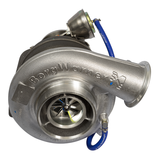 A close-up of the 172743 BorgWarner K31 Turbocharger shows its metal housing, visible turbine, and attached blue hoses.