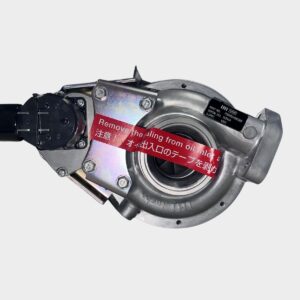 The F58VED-S0026B IHI Turbocharger VIGT features a red warning label to remove the oil filling from the oil inlet, shown against a plain white background.