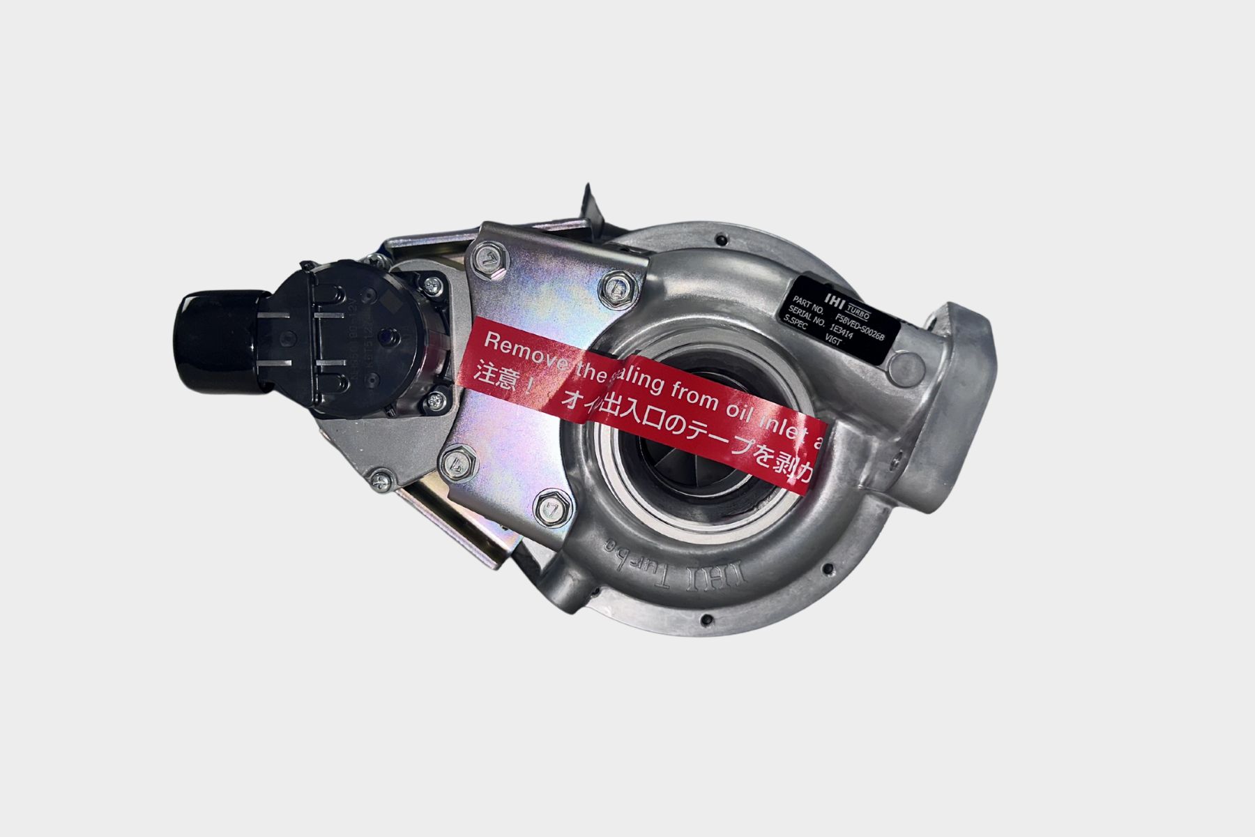 The F58VED-S0026B IHI Turbocharger VIGT features a red warning label to remove the oil filling from the oil inlet, shown against a plain white background.