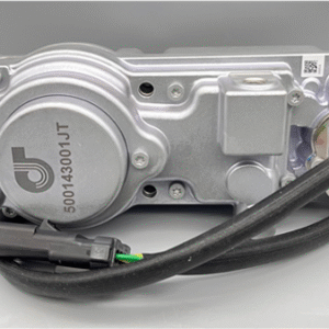 The 500143001JT Just Turbo Turbocharger Actuator features a silver metallic motor with a labeled cover, multiple screws, a black cable with colored wires, and a connector, shown on a plain gray background.