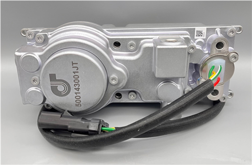 The 500143001JT Just Turbo Turbocharger Actuator features a silver metallic motor with a labeled cover, multiple screws, a black cable with colored wires, and a connector, shown on a plain gray background.