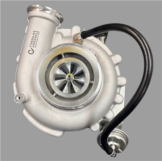 The T1691-01 Zeki Turbocharger K27 is a silver automotive turbocharger featuring a visible turbine wheel and an attached black vacuum hose, showcased against a plain gray background.