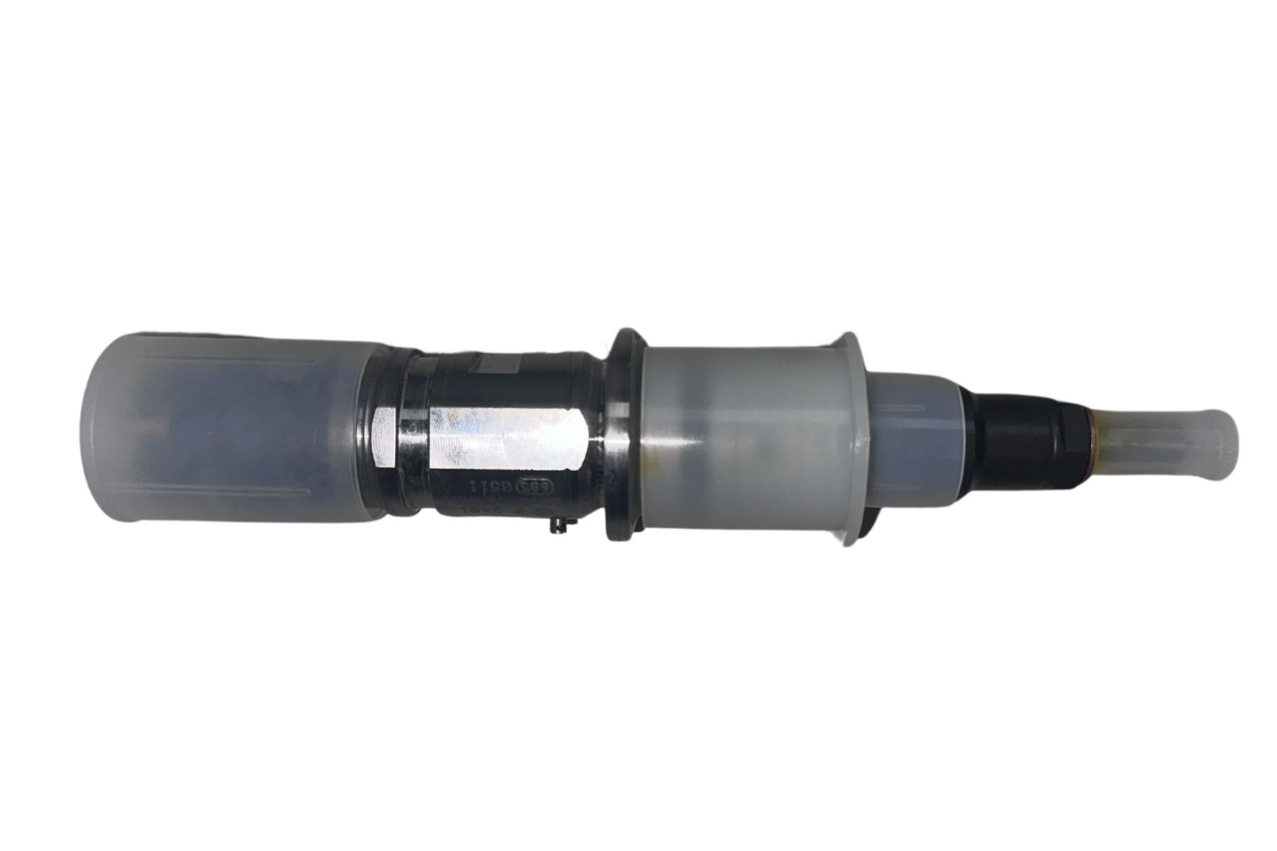 A close-up of a 0445120177 Bosch Fuel Injector with needle cap, viewed from the side against a white background.