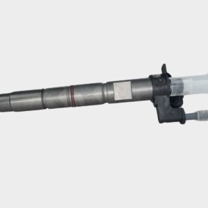 Close-up of a Bosch 0986435410 LML Common Rail Injector featuring a metallic body, plastic connectors, and nozzle, isolated on a white background.