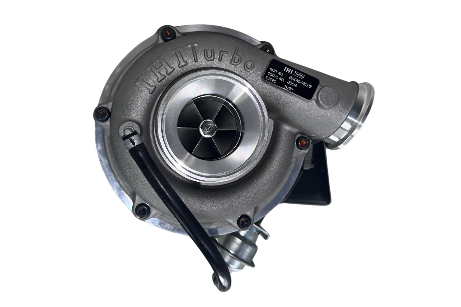 A close-up view of the E61CAD-S0033B IHI Turbocharger MYBH, highlighting the compressor housing, turbine wheel, and part identification label.