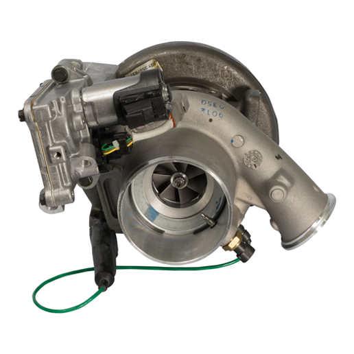 A close-up view of the 3795961HX Holset Reman Turbocharger for 5.9L/6.7L Cummins ISB, highlighting the compressor housing, turbine, and electronic actuator components.