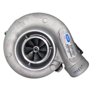 The 4035782H Kit, Fixed Geometry Turbo, HX40 is a silver Holset turbocharger with a visible compressor wheel and product label, displayed against a white background.