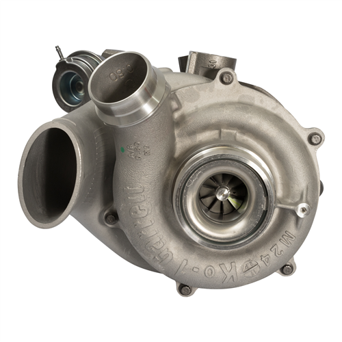 A close-up of the 851824-5001S Garrett turbocharger for 2011–2014 Ford 6.7L Power Stroke engines, showing metallic turbine blades and ports for air and exhaust connections.