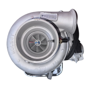 A close-up view of the 5350895HXR Just Turbo Reman Turbocharger WITH Actuator shows its metallic turbine blades and housing against a white background.