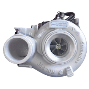 A 5327046HXR 6.7L ISB Cummins Just Turbo Reman Turbocharger with Actuator is shown, highlighting its turbine blades, housing, and attached wiring against a white background.