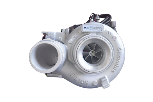A 5327046HXR 6.7L ISB Cummins Just Turbo Reman Turbocharger with Actuator is shown, highlighting its turbine blades, housing, and attached wiring against a white background.