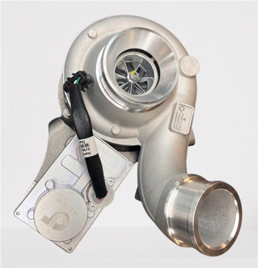 A close-up view of the T4371-02 ZEKI Turbocharger, showcasing its metallic body, visible air intake, wiring connector, and identification plate.