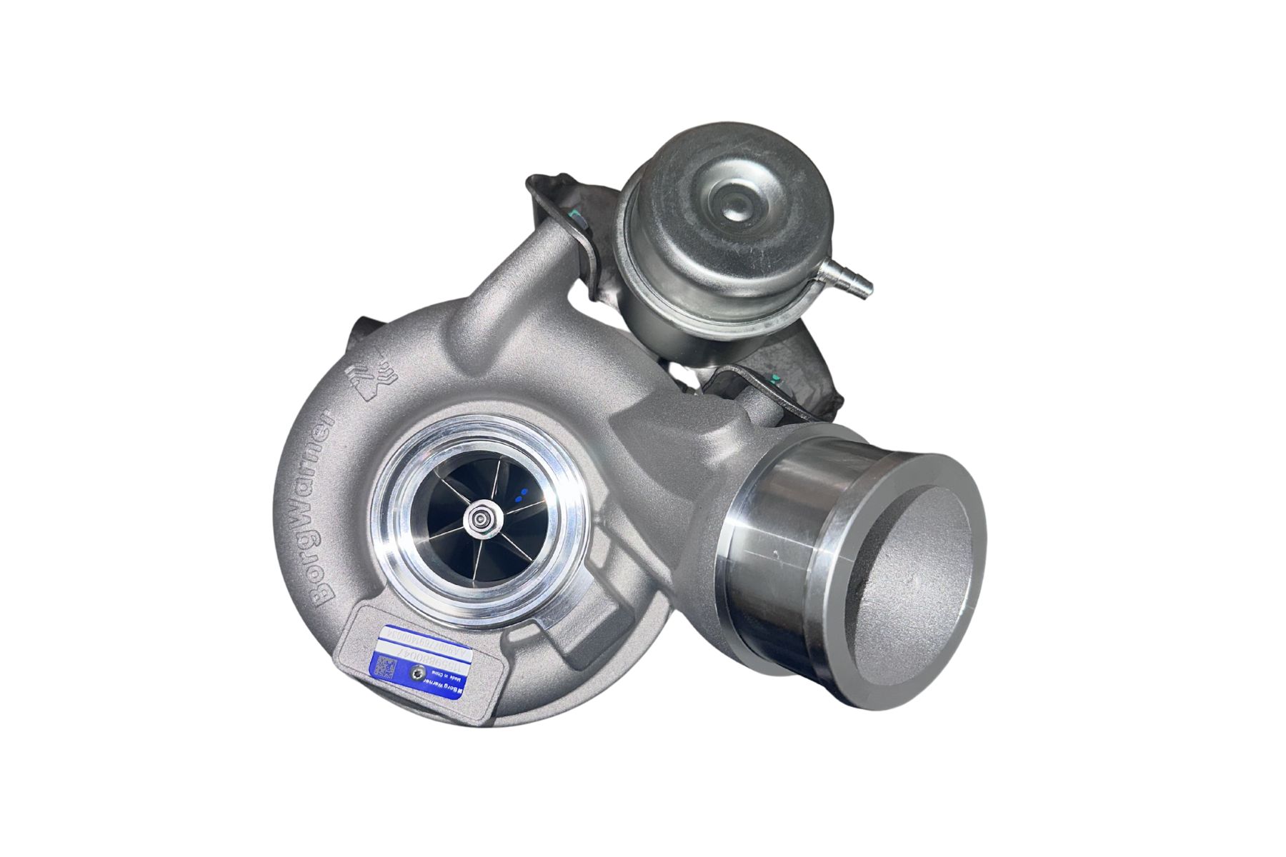 A close-up of the 11559880047 BorgWarner Turbocharger (High Pressure) shows its metal compressor housing and actuator, set against a plain white background.