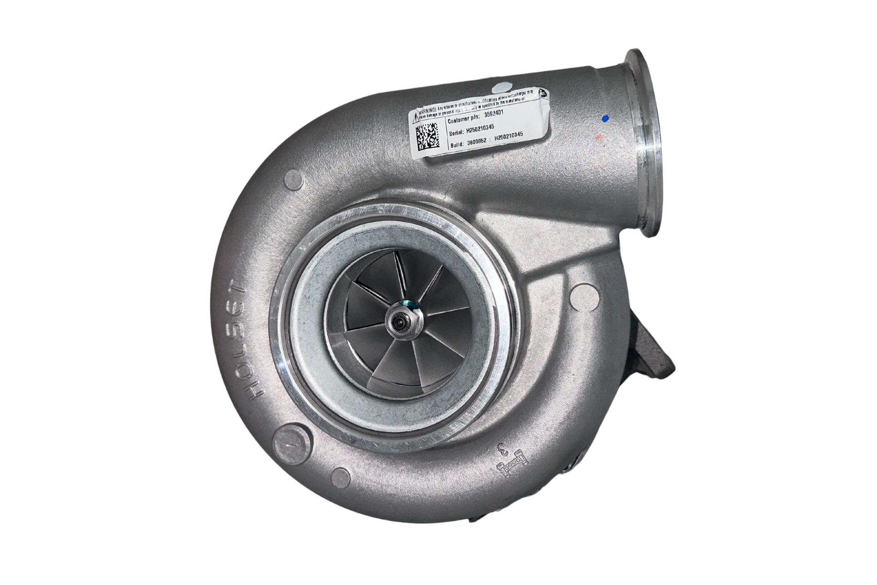 The 3592401H Holset HX60 Turbocharger features visible turbine blades and a labeled identification plate, shown against a white background.