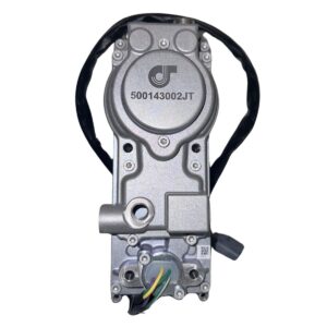 The 500143002JT Just Turbo Turbocharger Actuator, a metallic automotive part with a wiring harness and a circular logo on its upper casing, is displayed against a white background.