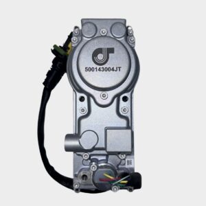 The 500143004JT Just Turbo Turbocharger Actuator is a metallic automotive part with an attached black electrical cable, visible wiring, and "500143004JT" plus a circular logo on the top surface.